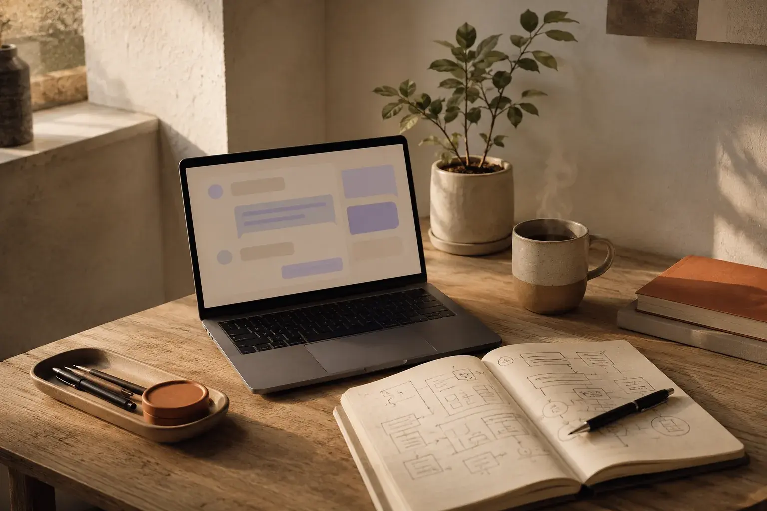 The DebugSwift desk: a laptop showing a chat conversation beside a notebook of hand-drawn flow diagrams
