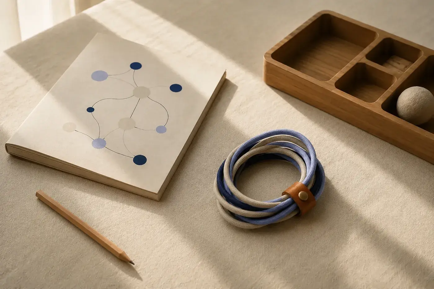Loose indigo and cream cables braided into one neat cord, beside a notebook sketch of connected nodes