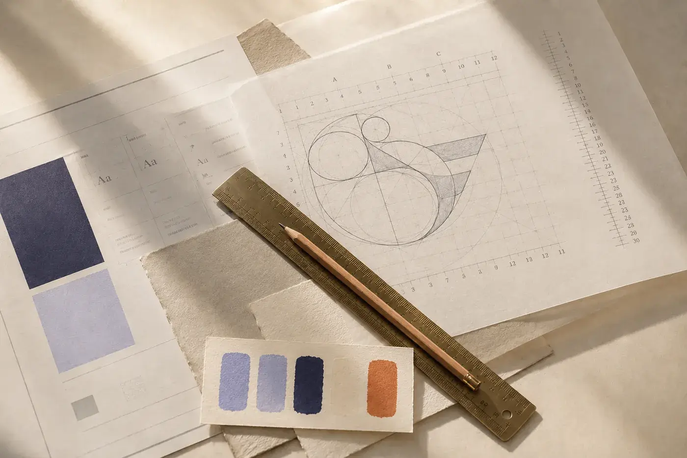A design-system worksheet: indigo palette swatches, type samples, and a pencil logo-construction grid