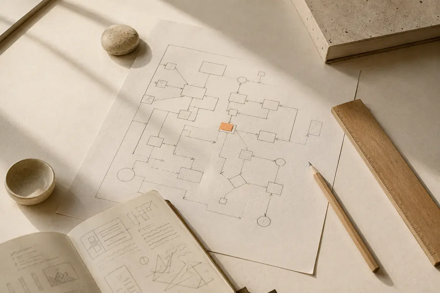A hand-drawn process flowchart in pencil with one step marked in clay, ruler and pencil beside it