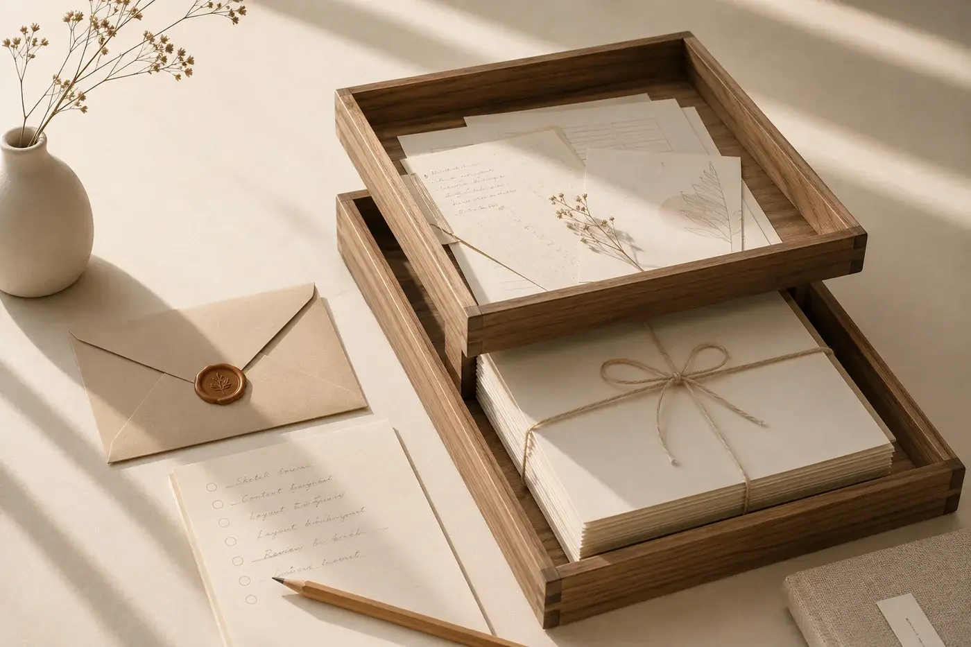 Stacked wooden desk trays, loose letters sorted in the top one and a finished bundle tied with twine below: an intake system, not a pile