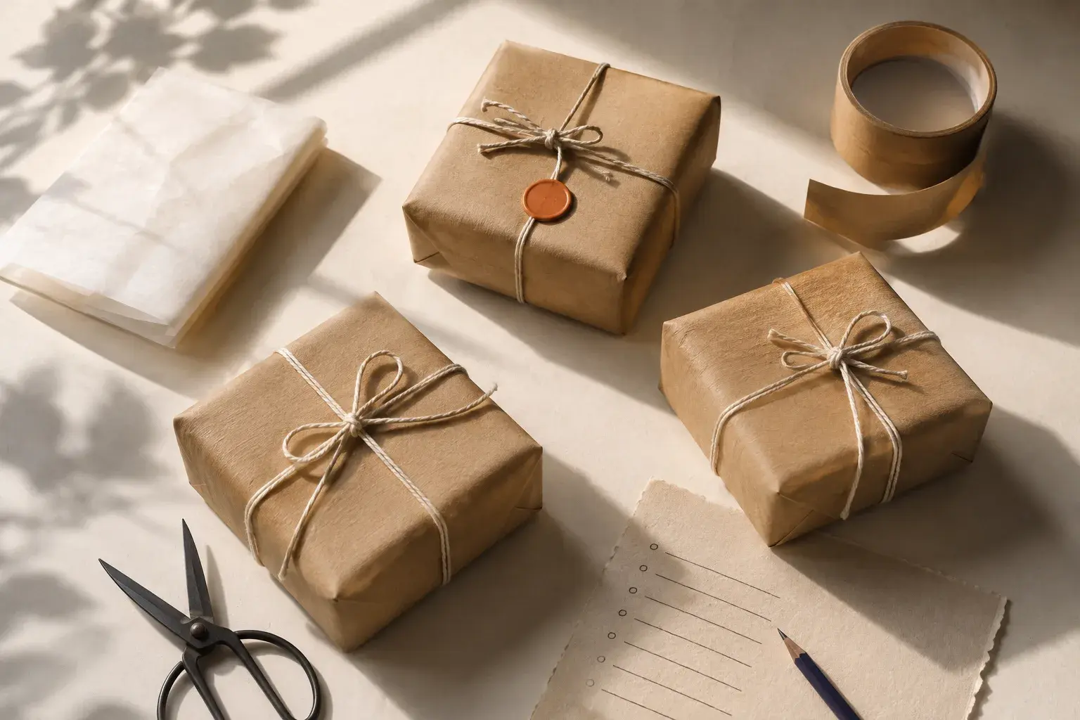 Kraft parcels tied with string, one sealed with a clay wax stamp: orders packed and ready