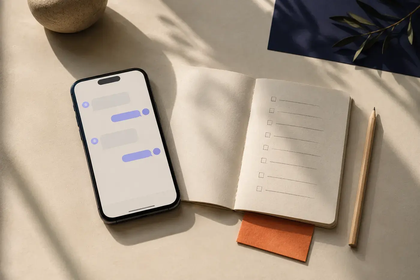 A phone holding a WhatsApp conversation beside an open checklist notebook, enquiries answered and ticked off